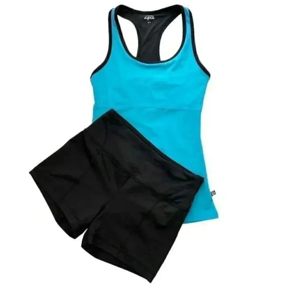 La Vie en Rose Workout Tank Top and Shorts 2 PC Activewear  Set Blue Black XS/S - Picture 12 of 12
